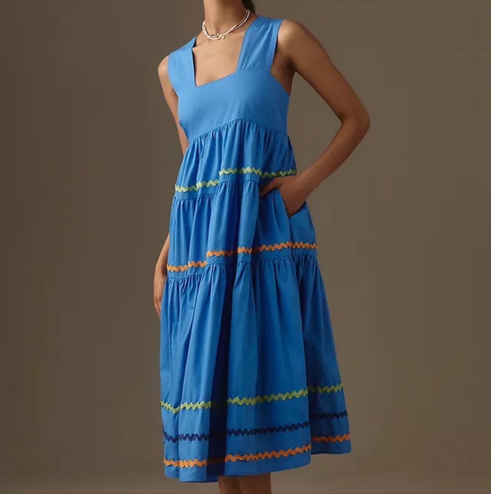 Anthropologie Helena Square-Neck Tiered Blue Sleeveless Tiered Dress